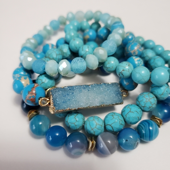 Bohemian Blue Ocean Women's bracelet 5pcs Natural Stone Glass Handmade Beaded - Picture 3 of 15